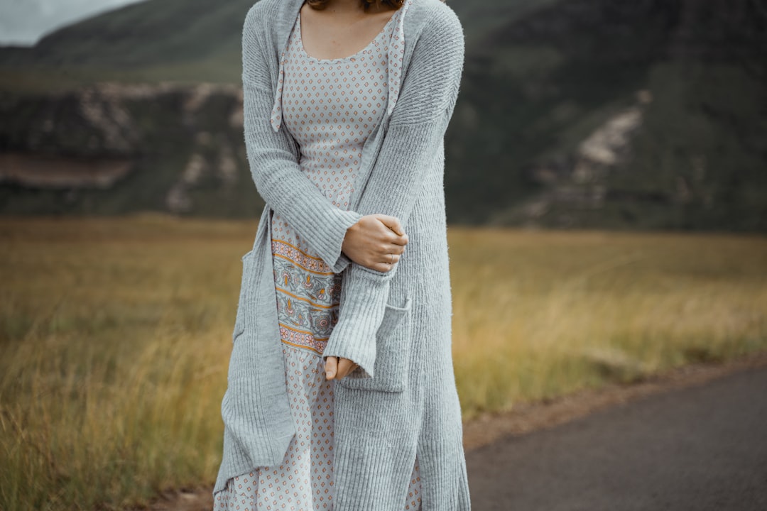 model in gray knit midi dress