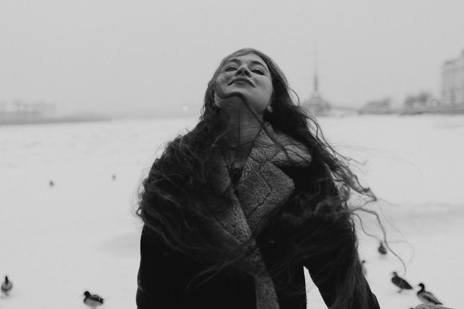 elegant woman shearling coat winter