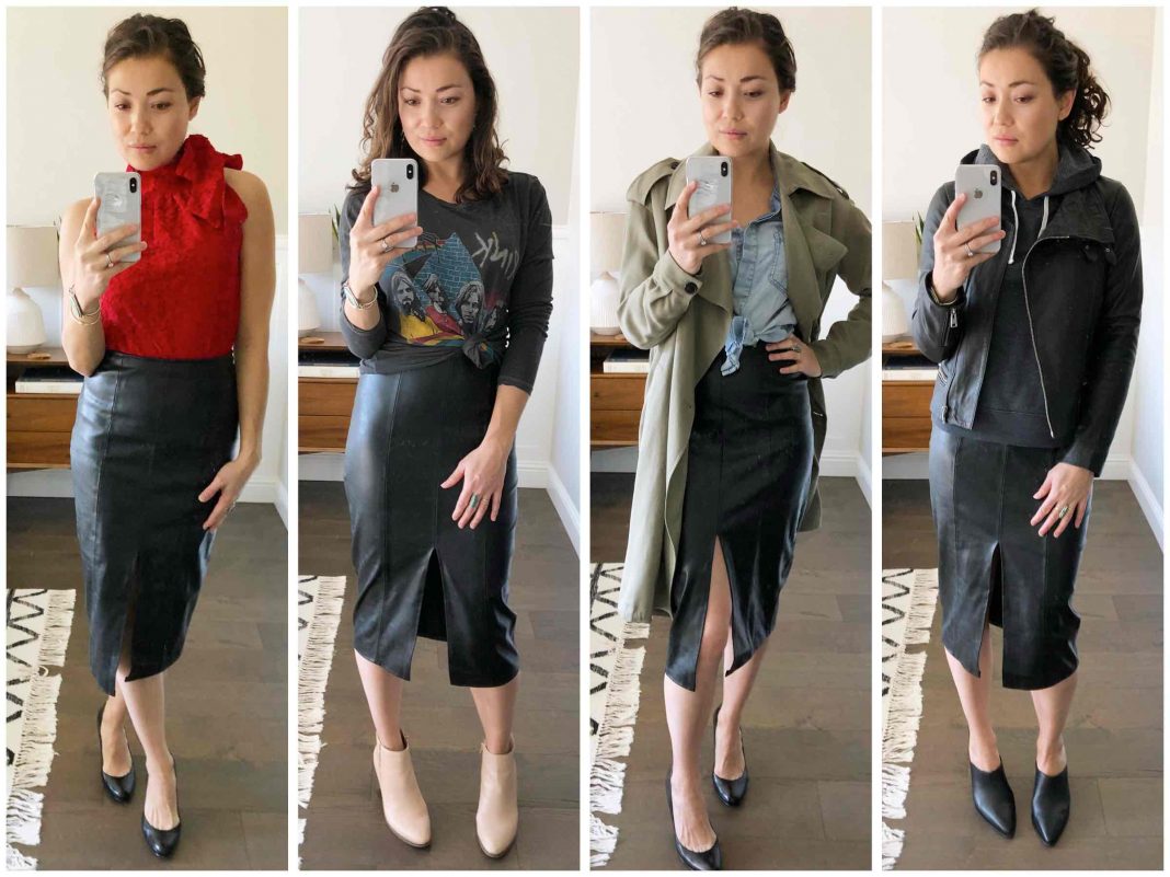 faux leather midi skirt outfit