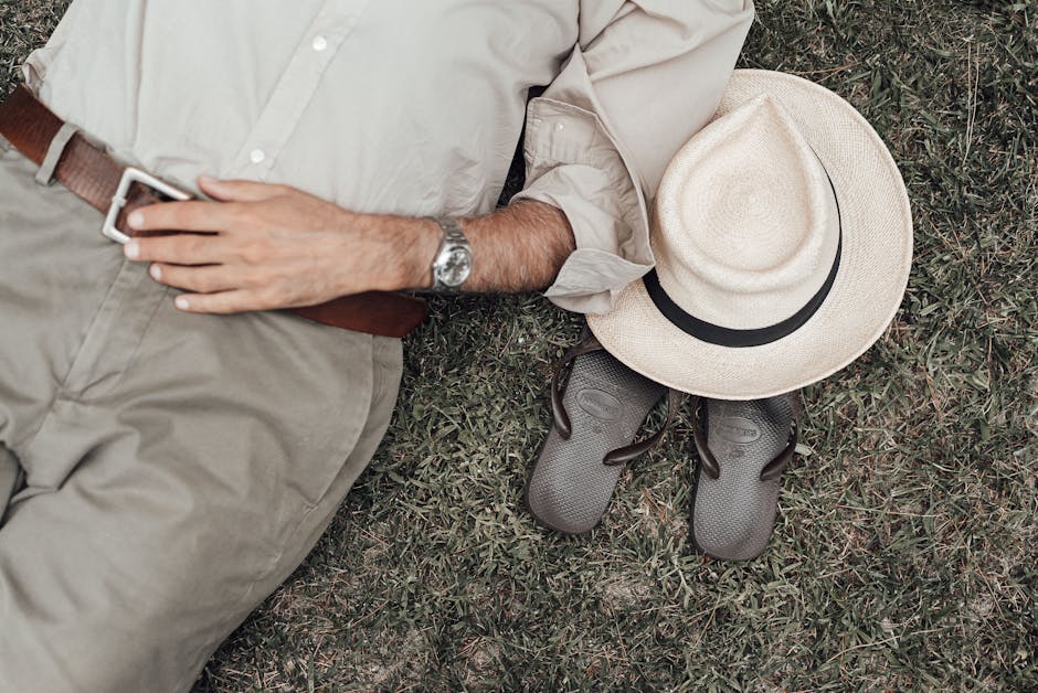 Straw hat and linen outfit accessories Straw hat and linen outfit accessories